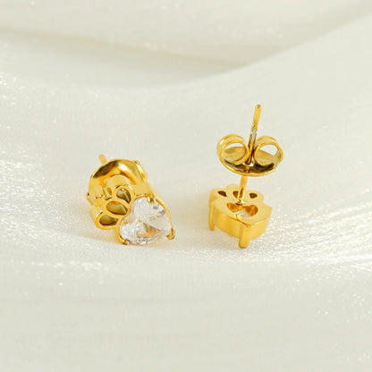 1 Pair Queen Shiny Heart Shape Crown Inlay Stainless Steel Zircon 18K Gold Plated Ear Studs