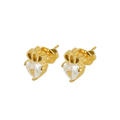 1 Pair Queen Shiny Heart Shape Crown Inlay Stainless Steel Zircon 18K Gold Plated Ear Studs