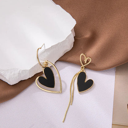 1 Pair Retro Asymmetrical Heart Shape Tassel Plating Inlay Copper Shell 18k Gold Plated Drop Earrings