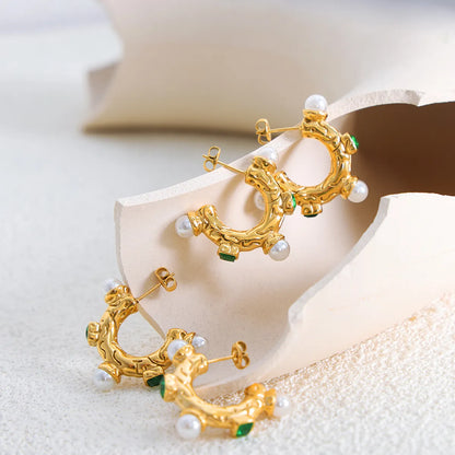 1 Pair Retro Baroque Style C Shape Plating Inlay Titanium Steel Artificial Pearls Glass Stone 18k Gold Plated Ear Studs