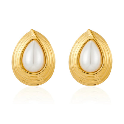 1 Pair Retro Baroque Style Classic Style Water Droplets Inlay 304 Stainless Steel Artificial Pearls Natural Stone 18K Gold Plated Ear Studs