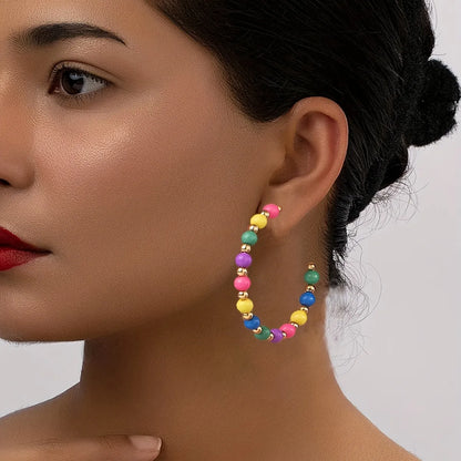 1 Pair Retro Bohemian Beach C Shape Beaded Plastic Hoop Earrings