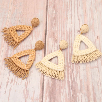 1 Pair Retro Bohemian Beach Triangle Flower Beaded Braid Wood Straw Drop Earrings