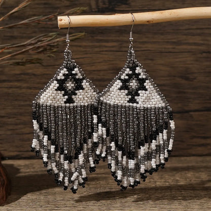 1 Pair Retro Bohemian Color Block Rhombus Beaded Tassel Glass Drop Earrings