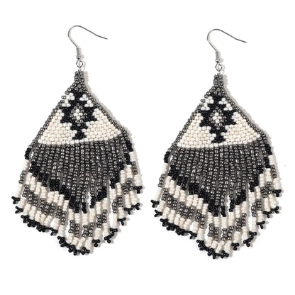 1 Pair Retro Bohemian Color Block Rhombus Beaded Tassel Glass Drop Earrings