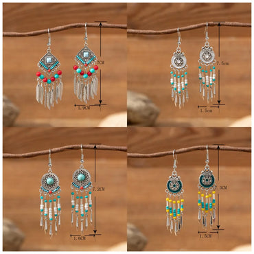 1 Pair Retro Bohemian Geometric Beaded Plating Inlay Alloy Turquoise Drop Earrings