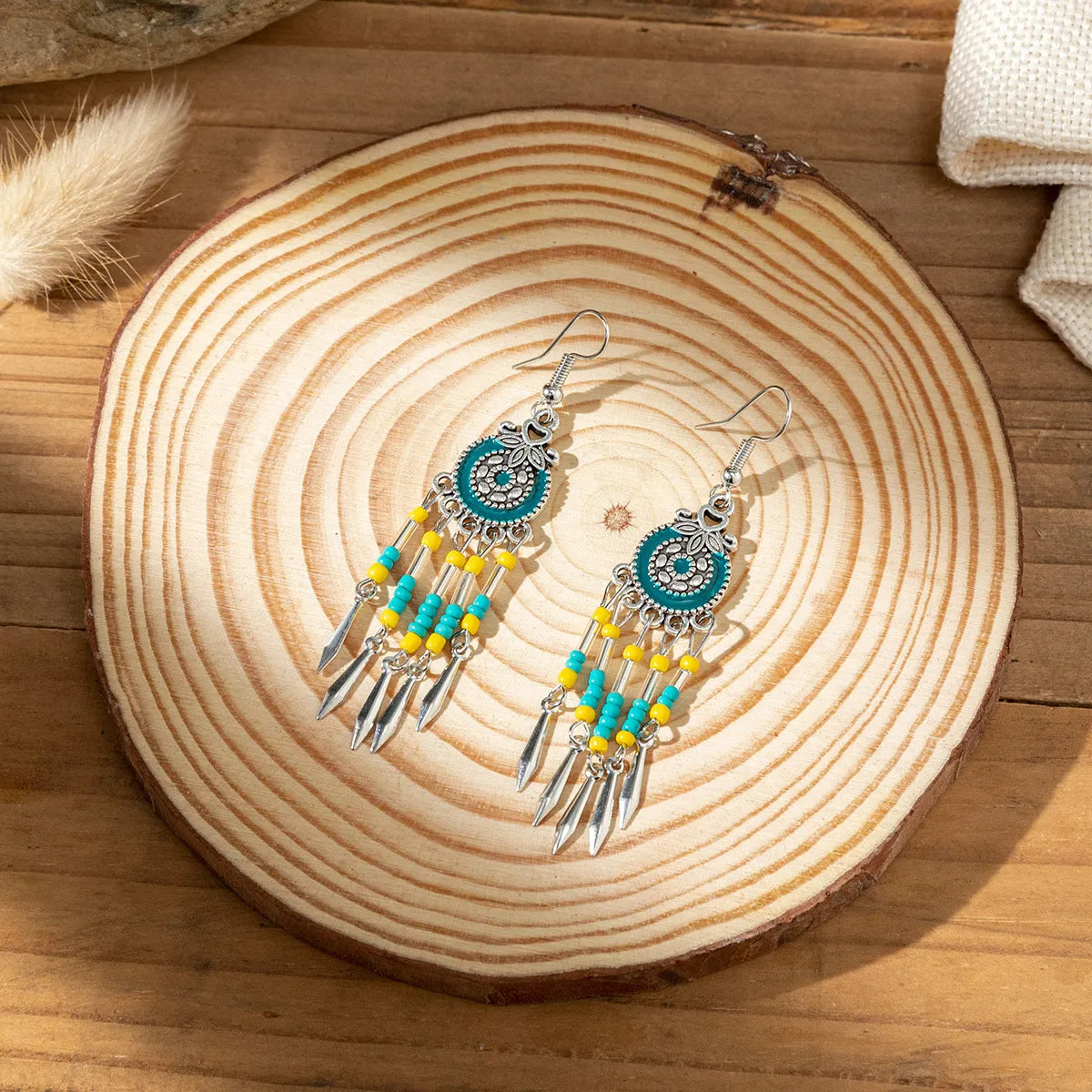 1 Pair Retro Bohemian Geometric Beaded Plating Inlay Alloy Turquoise Drop Earrings