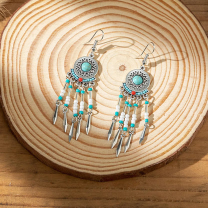 1 Pair Retro Bohemian Geometric Beaded Plating Inlay Alloy Turquoise Drop Earrings