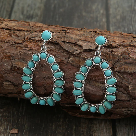 1 Pair Retro Bohemian Water Droplets Plating Hollow Out Inlay Alloy Turquoise Drop Earrings