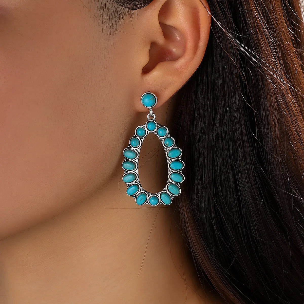 1 Pair Retro Bohemian Water Droplets Plating Hollow Out Inlay Alloy Turquoise Drop Earrings