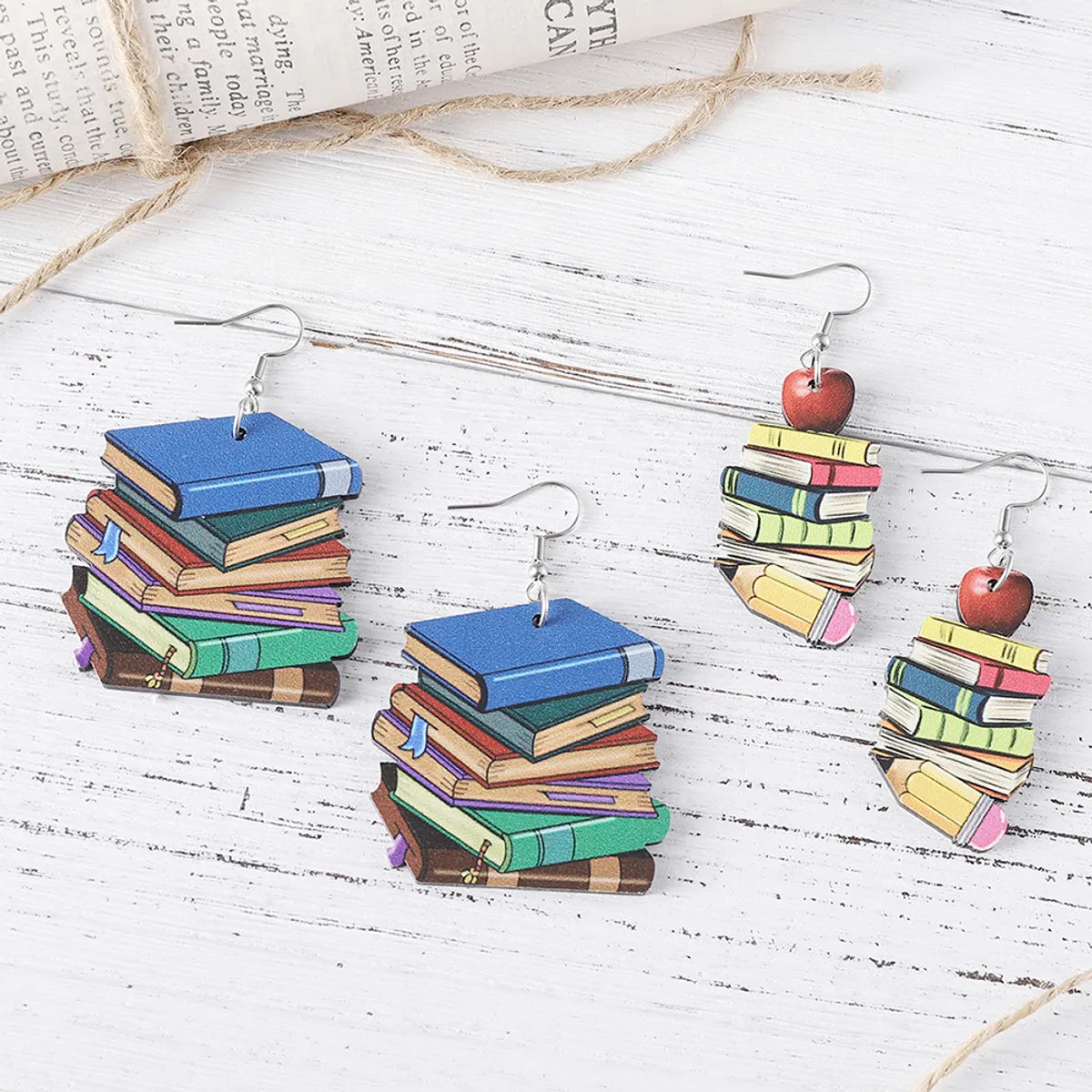 1 Pair Retro Book Cartoon Car Wood Drop Earrings