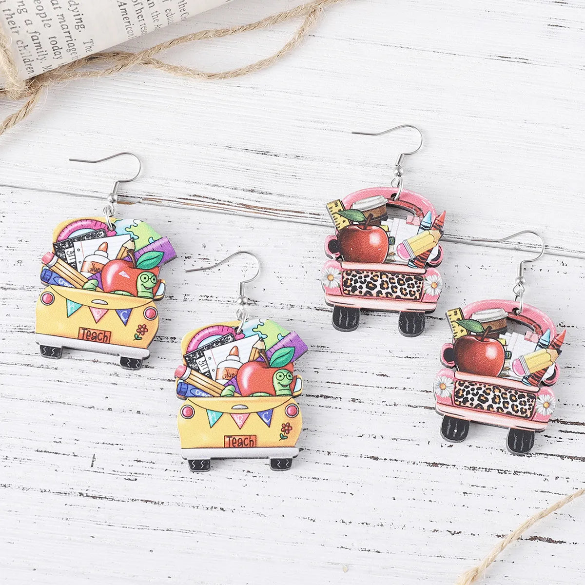 1 Pair Retro Book Cartoon Car Wood Drop Earrings