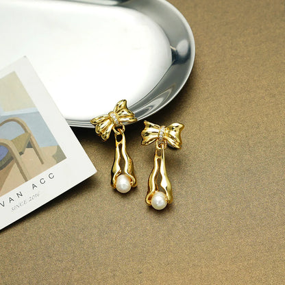 1 Pair Retro Bow Knot Inlay Copper Pearl Zircon 18K Gold Plated Drop Earrings