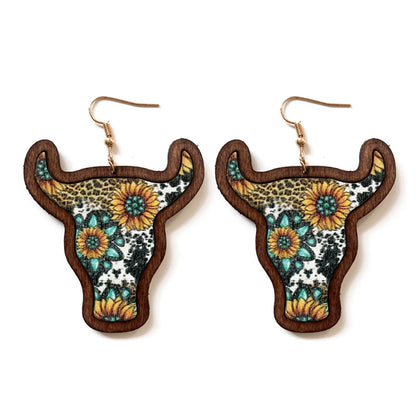 1 Pair Retro Bull Head Wood Women'S Drop Earrings