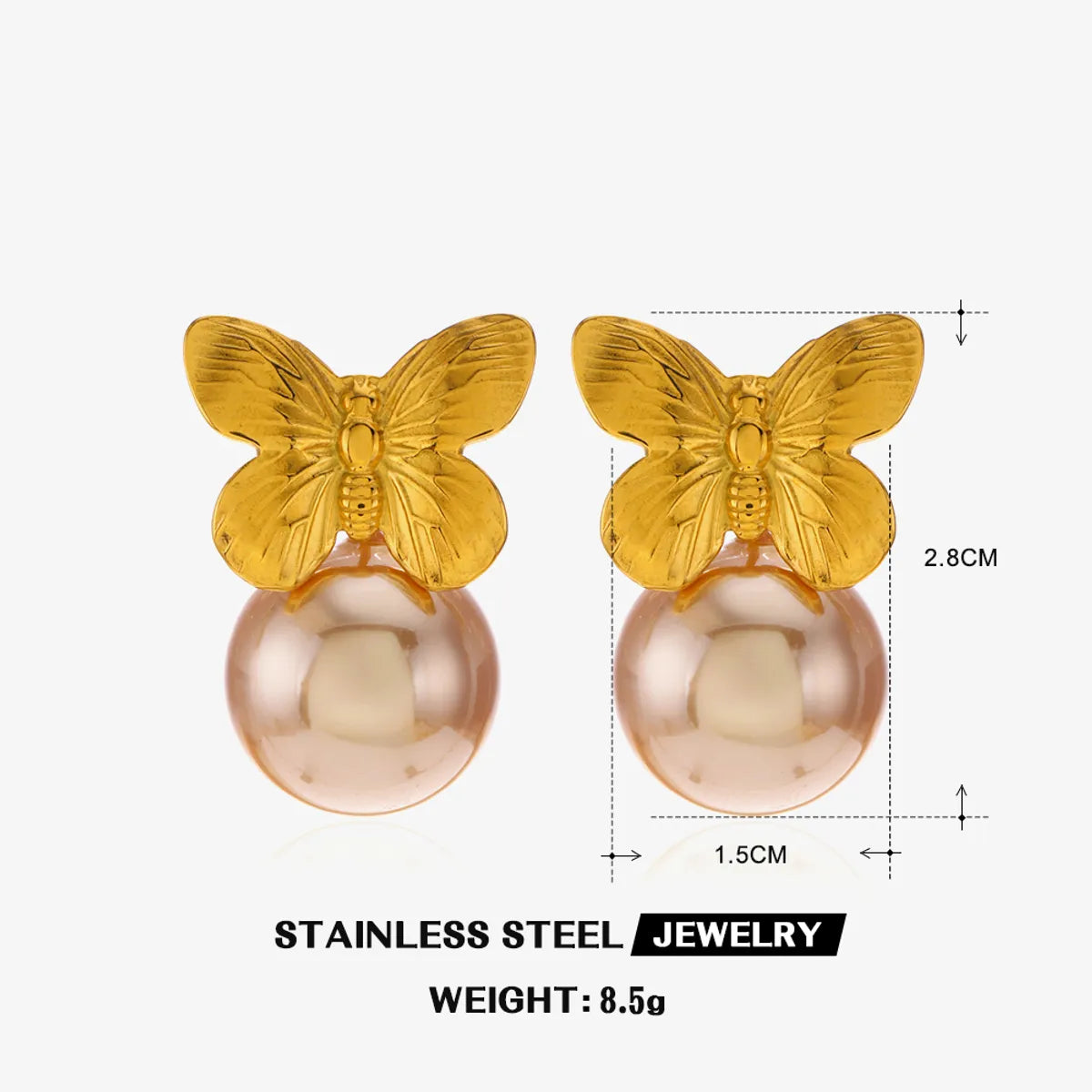 1 Pair Retro Butterfly Plating Inlay 304 Stainless Steel Artificial Pearls 18K Gold Plated Ear Studs