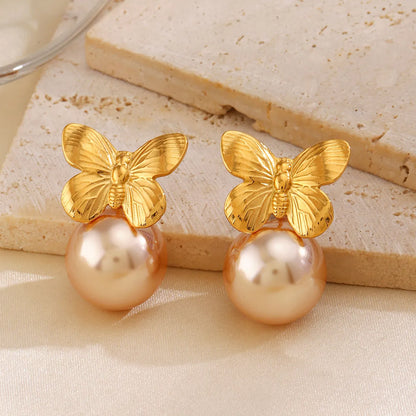 1 Pair Retro Butterfly Plating Inlay 304 Stainless Steel Artificial Pearls 18K Gold Plated Ear Studs