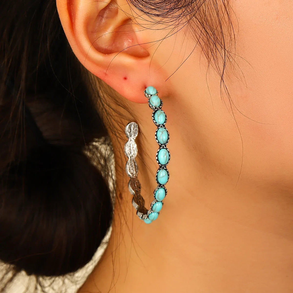 1 Pair Retro C Shape Inlay Metal Turquoise Earrings