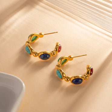 1 Pair Retro C Shape Plating Stainless Steel Natural Stone 18k Gold Plated Earrings