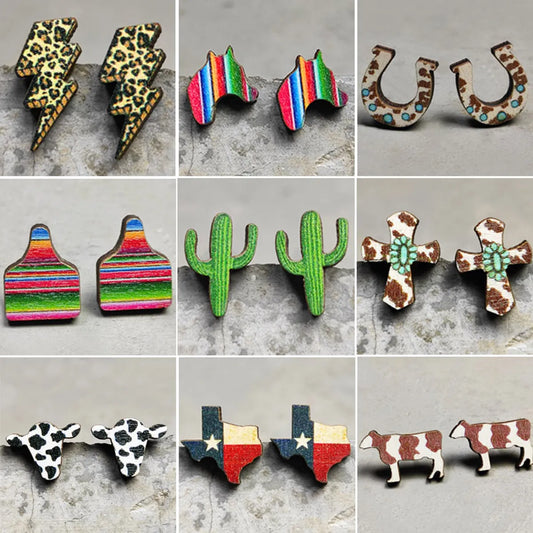 1 Pair Retro Cactus Cows Leopard Wood Women's Ear Studs