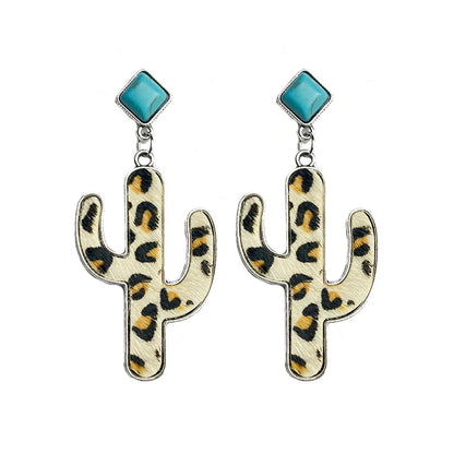 1 Pair Retro Cactus Leopard Pu Leather Alloy Inlay Turquoise Women'S Drop Earrings