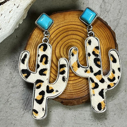 1 Pair Retro Cactus Leopard Pu Leather Alloy Inlay Turquoise Women'S Drop Earrings