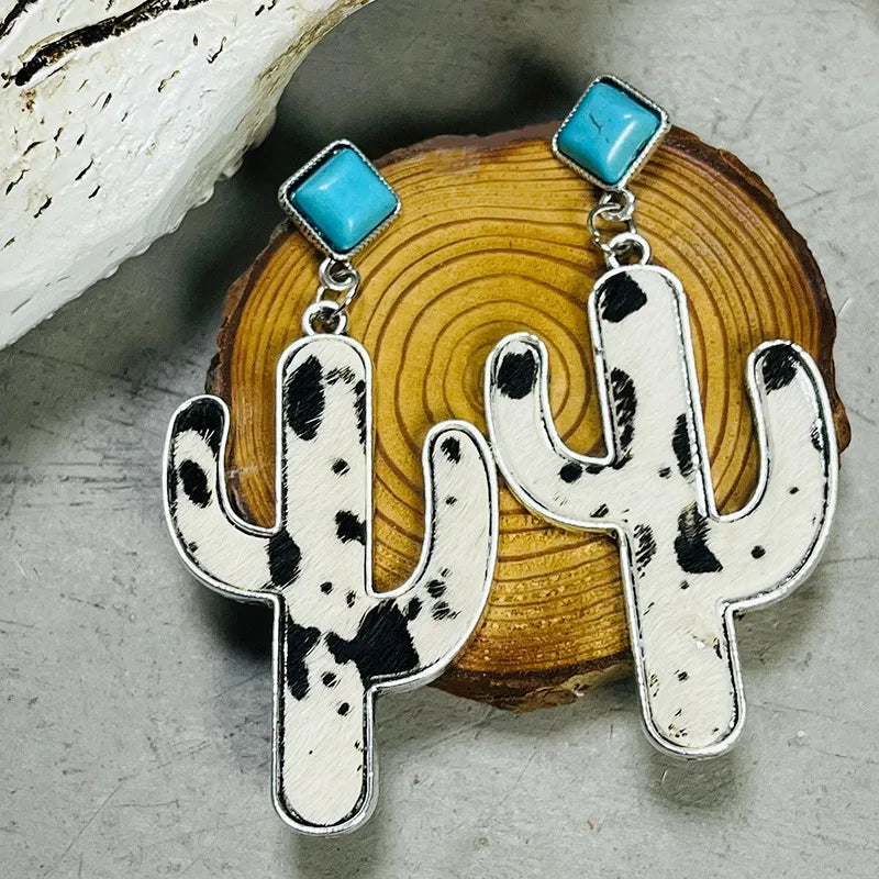 1 Pair Retro Cactus Leopard Pu Leather Alloy Inlay Turquoise Women'S Drop Earrings