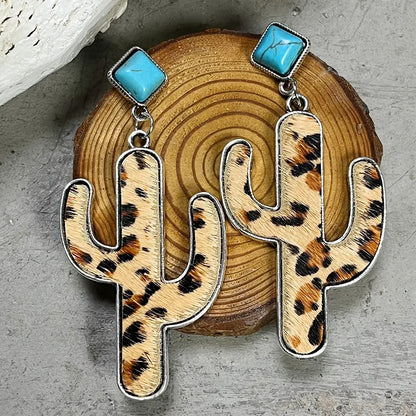 1 Pair Retro Cactus Leopard Pu Leather Alloy Inlay Turquoise Women'S Drop Earrings