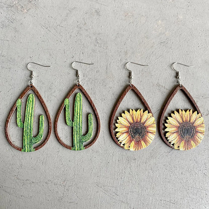 1 Pair Retro Cactus Sunflower Water Droplets Wood Hollow Out Women's Drop Earrings