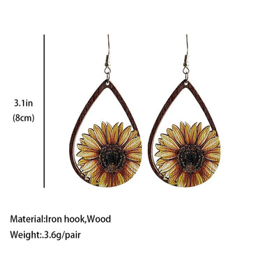 1 Pair Retro Cactus Sunflower Water Droplets Wood Hollow Out Women's Drop Earrings