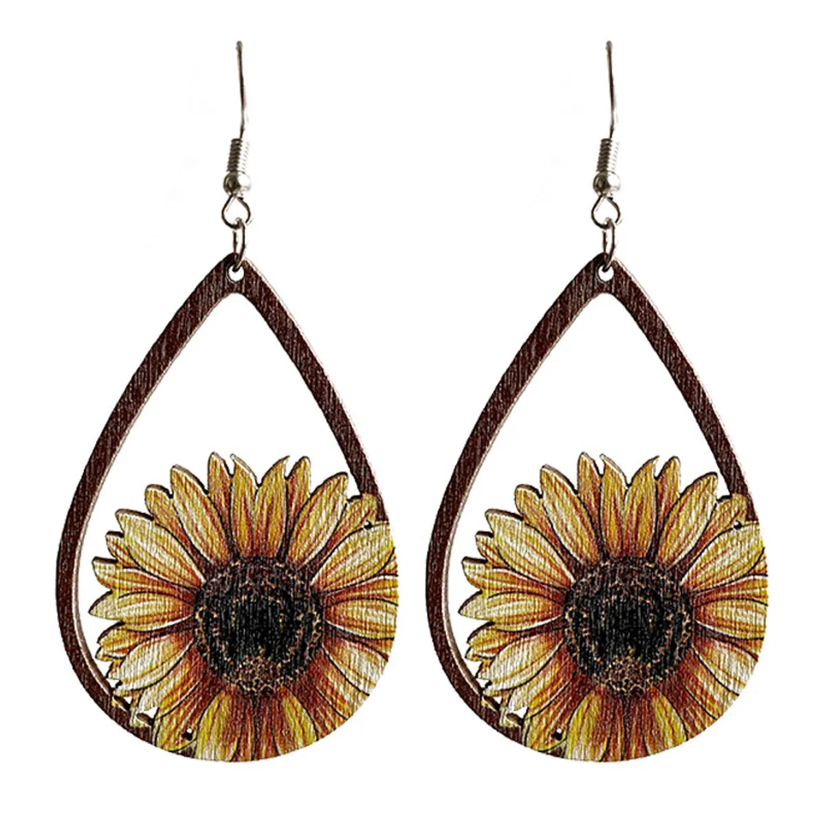 1 Pair Retro Cactus Sunflower Water Droplets Wood Hollow Out Women's Drop Earrings