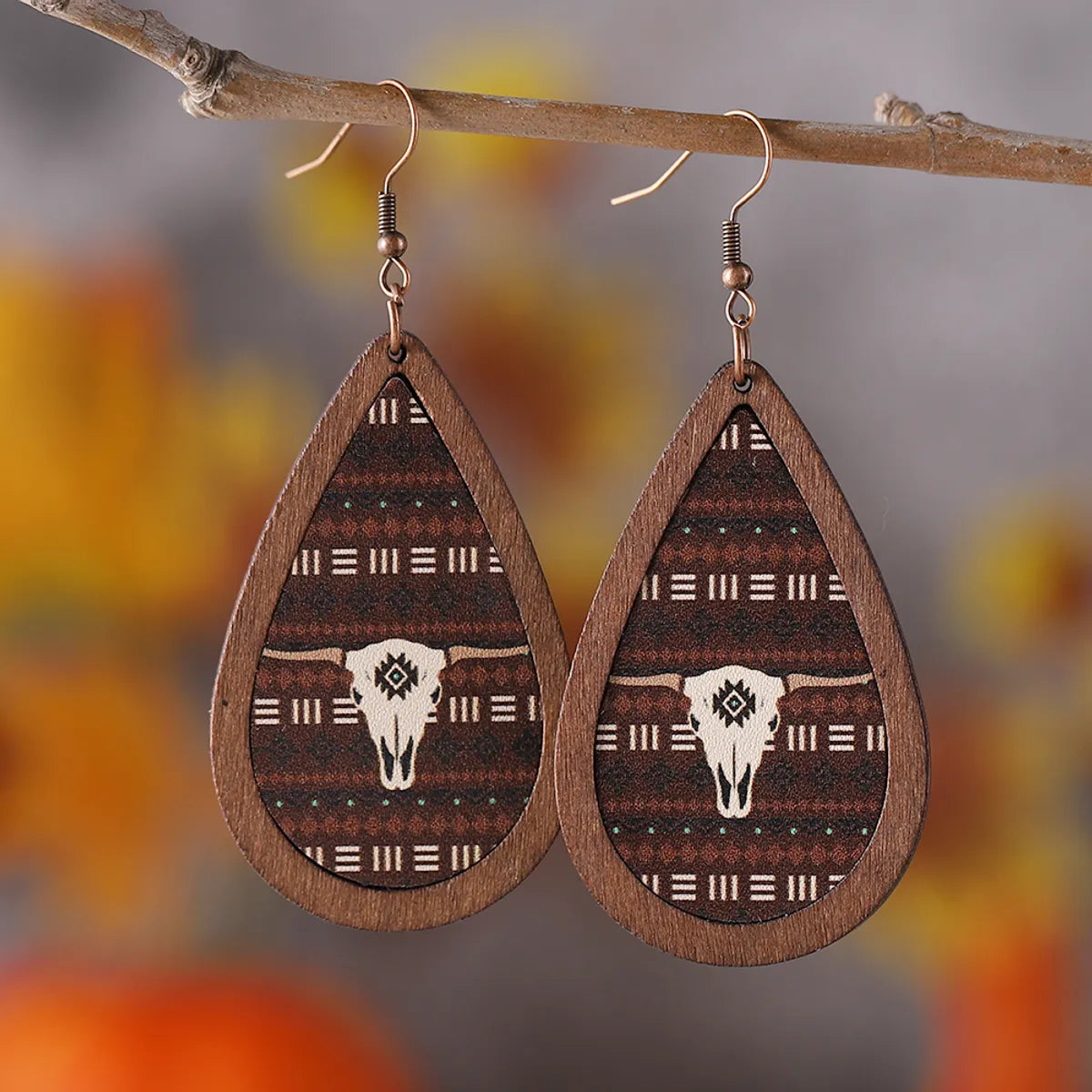 1 Pair Retro Cactus Water Droplets Cattle Pu Leather Wood Drop Earrings