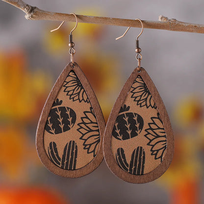 1 Pair Retro Cactus Water Droplets Cattle Pu Leather Wood Drop Earrings