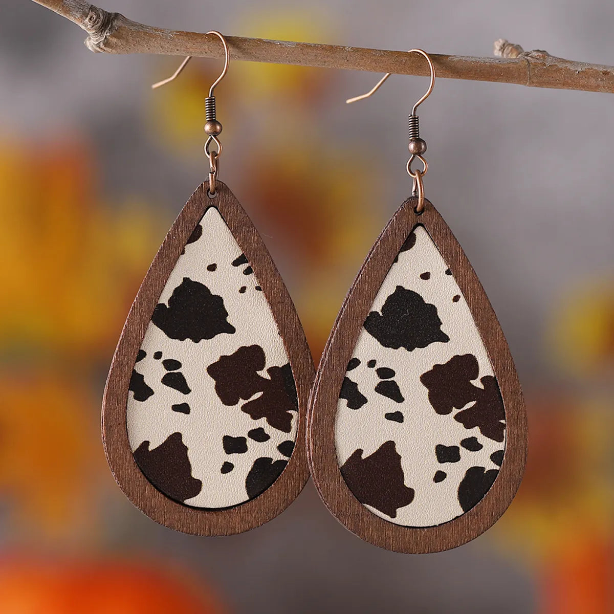 1 Pair Retro Cactus Water Droplets Cattle Pu Leather Wood Drop Earrings