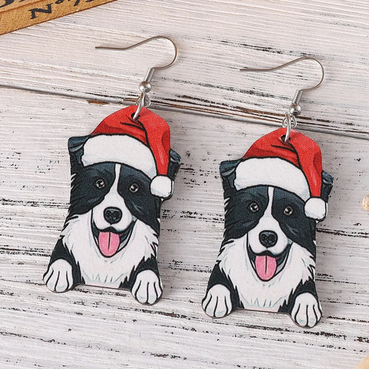 1 Pair Retro Christmas Hat Dog Wood Drop Earrings