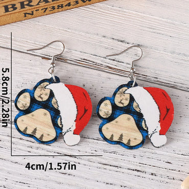 1 Pair Retro Christmas Hat Paw Print Wood Drop Earrings