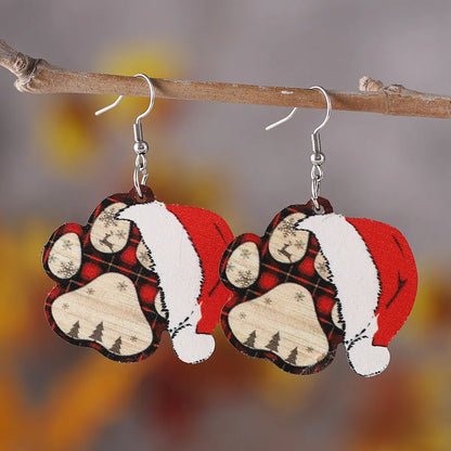 1 Pair Retro Christmas Hat Paw Print Wood Drop Earrings