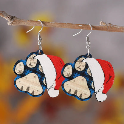 1 Pair Retro Christmas Hat Paw Print Wood Drop Earrings