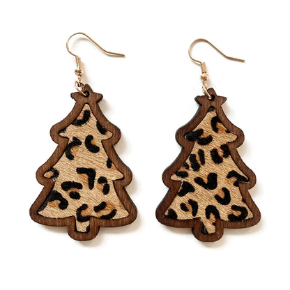 1 Pair Retro Christmas Tree Leopard Wood Drop Earrings