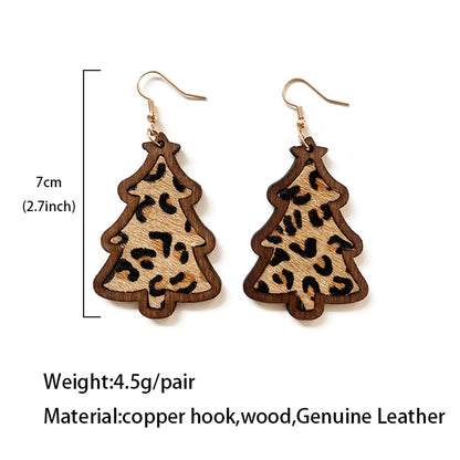 1 Pair Retro Christmas Tree Leopard Wood Drop Earrings