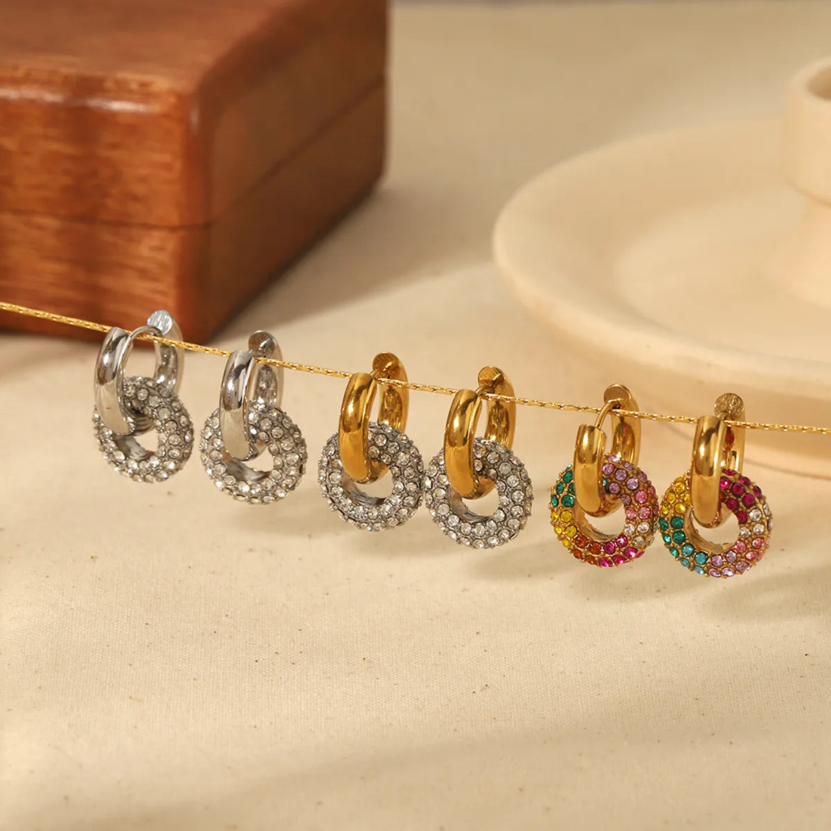 1 Pair Retro Circle Polishing Plating Inlay Stainless Steel Zircon 18k Gold Plated Earrings