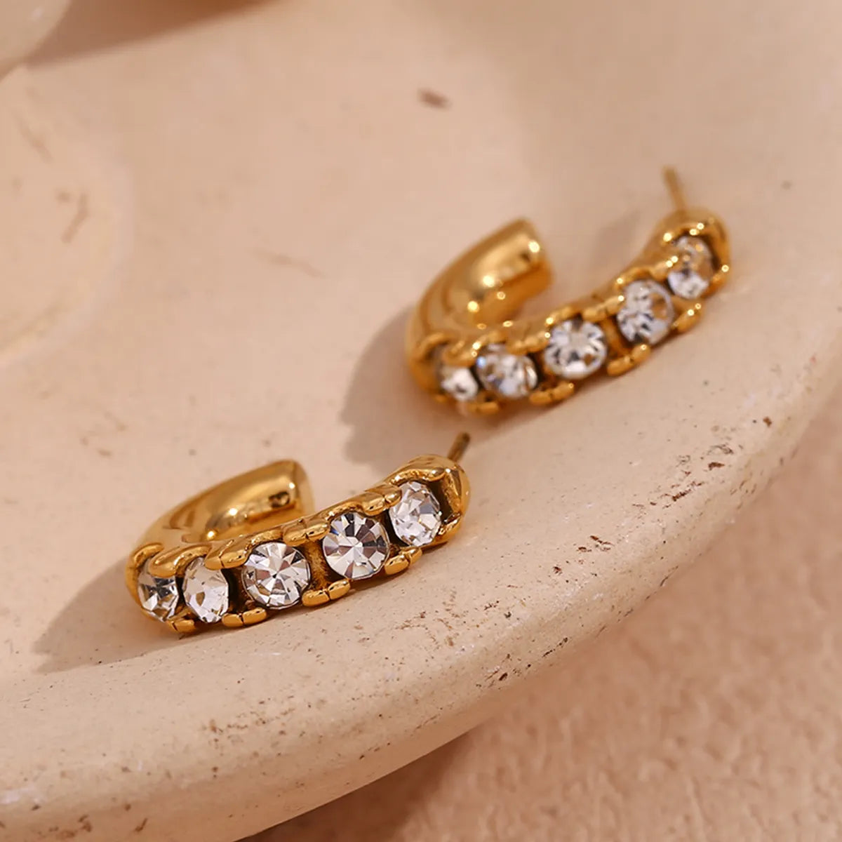 1 Pair Retro Classic Style C Shape Plating Inlay Stainless Steel Zircon 18k Gold Plated Ear Studs