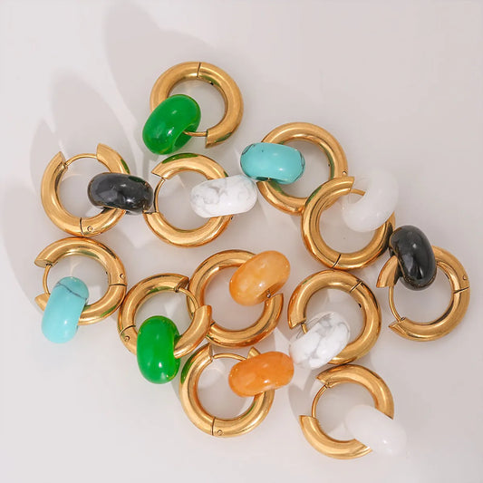 1 Pair Retro Classic Style Circle 304 Stainless Steel Turquoise Agate 18K Gold Plated Drop Earrings