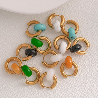 1 Pair Retro Classic Style Circle 304 Stainless Steel Turquoise Agate 18K Gold Plated Drop Earrings