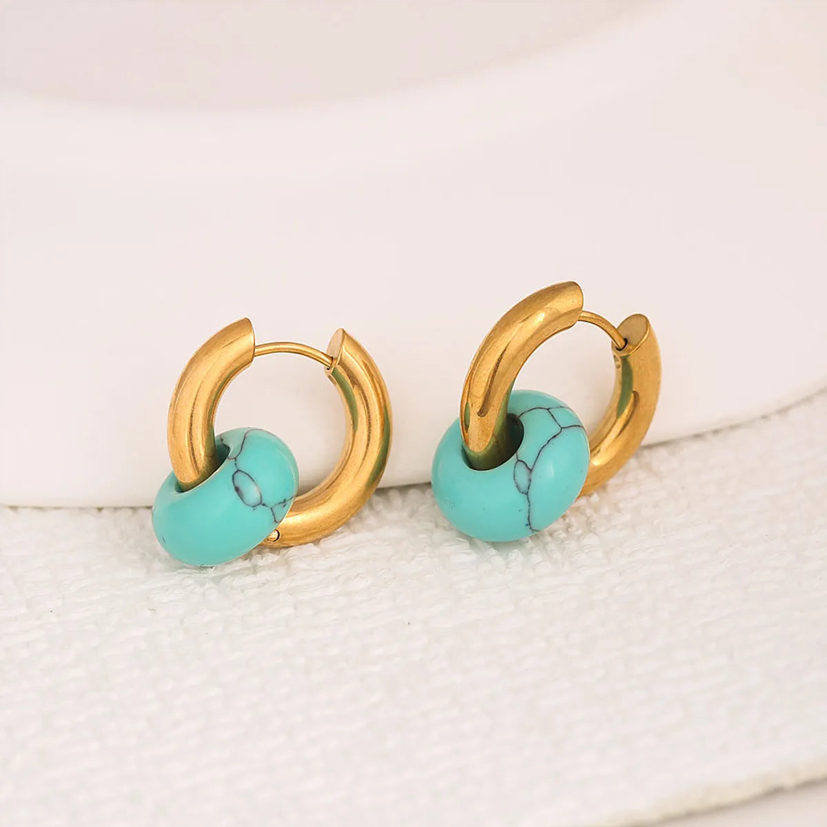 1 Pair Retro Classic Style Circle 304 Stainless Steel Turquoise Agate 18K Gold Plated Drop Earrings