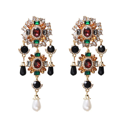 1 Pair Retro Classic Style Flower Plating Inlay Zinc Alloy Artificial Gemstones Drop Earrings