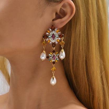 1 Pair Retro Classic Style Flower Plating Inlay Zinc Alloy Artificial Gemstones Drop Earrings