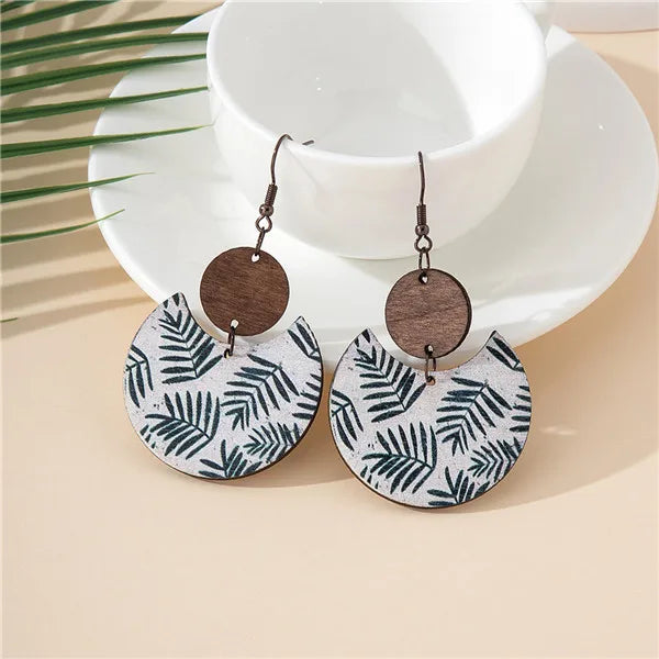 1 Pair Retro Classic Style Geometric Round Leaves Wood Drop Earrings