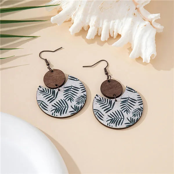 1 Pair Retro Classic Style Geometric Round Leaves Wood Drop Earrings