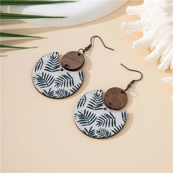 1 Pair Retro Classic Style Geometric Round Leaves Wood Drop Earrings