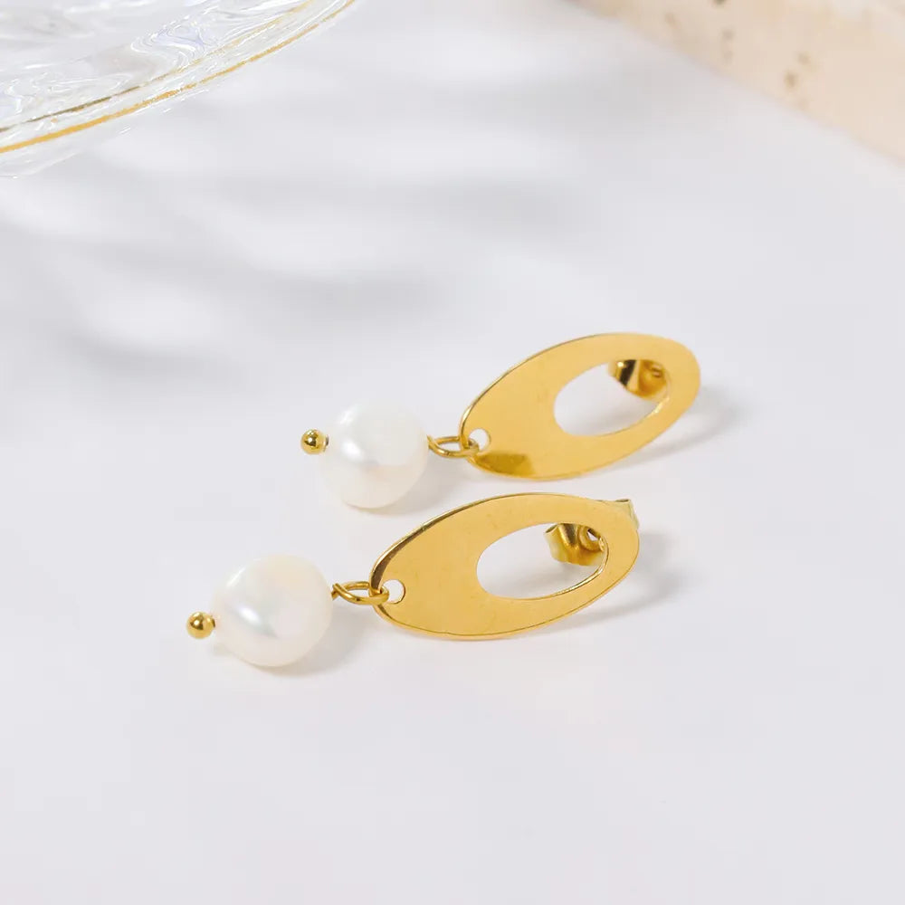 1 Pair Retro Classic Style Oval Plating Inlay 304 Stainless Steel Artificial Pearls 18K Gold Plated Drop Earrings